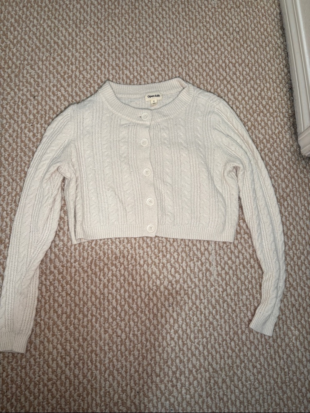 Open Edit Cream Cable-Knit Cropped Cardigan Sweater